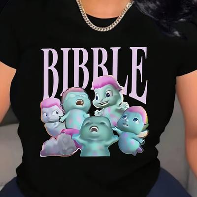 "TEMU Women's Casual Summer Tee With "" Graphic & Cartoon Characters - Black Short Sleeve Top With Pink & , Trendy Fashion Tshirt For Casual Attire, Casual Summer Top | Design | , Ladies T Shirts" Image