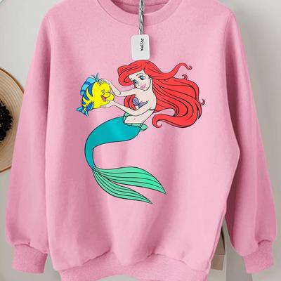 TEMU 's Little Mermaid And Cozy Sweatshirt - Red Long-sleeve Crewneck, Casual Knit Pullover For Women, Autumn/winter Wear, Casual Wear||knit Texture, Mermaid Clothes Image