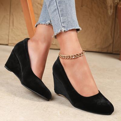 TEMU Women's Elegant Wedge Heels - Round Toe, Flannel Upper, Pu Inner, Rubber Sole, Lightweight & Stylish For All Image