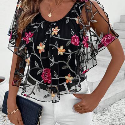 TEMU Women's Elegant Floral Mesh Top With Edges - Black And White, Spring/summer Style, Casual And Formal Occasions, Casual Attire Top|floral Print Top|mesh Fabric Top Image