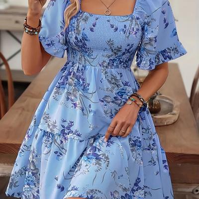 TEMU Plus Size Women's Casual Square Neck Floral Print Dress With Puffed Sleeves - Spring/summer Fitted Dress For Vacation, Vacation Attire|floral Print Dress|square Neckline Image
