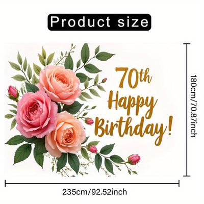 "TEMU 1pc Elegant 70th Birthday Floral Backdrop Banner - Polyester, Pink Roses And Design With Golden "70th " Text - Indoor & Outdoor Party Decorations, Birthday Decorations" Image