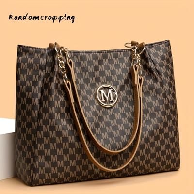 "TEMU Vintage-inspired Women's Tote Bag With Letter "m" Print, Large Capacity, Fixed Shoulder Strap,, Pattern – Daily Use And Commuting (light Brown/white/black)" Image