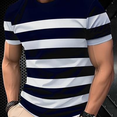 TEMU Striped T-shirt, Navy Casual Short Sleeve Crewneck, Summer Essential, Machine Washable, Fit For Casual Attire Image