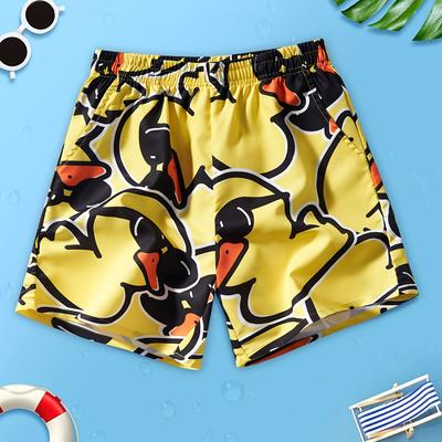 TEMU Youth Duck Print Swim Trunks - Non-stretch Fabric, Regular Fit With Pockets, Ideal For Spring/summer Beach & Surfing Activities, Beach Swimwear| Design|flexible Waistband Image