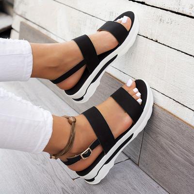 TEMU Women's Comfortable Open-toe Flat Wedge Sandals With Strap, Thick Sole Summer Casual Shoes, Black And , Ankle Strap, Tpr Outsole, Pu Inner Lining, Ladies Sandals Image