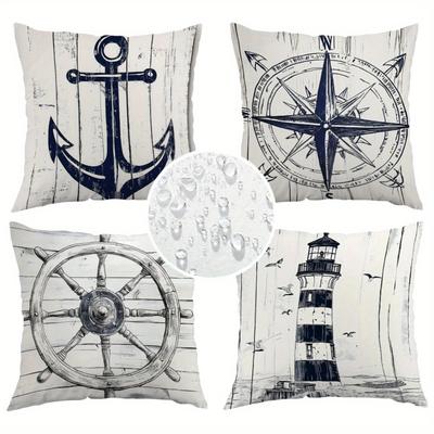 TEMU 4pcs, Outdoor Twill High Quality Pillowcasenautical Themed Decorative Pillow Covers - Set Of 4 With Anchor, Lighthouse, Compass Designs For Home Decorzipper Closure, Patio Sofa Decoration Image
