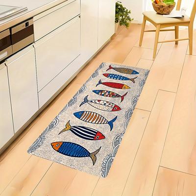TEMU Jit Runner Rug 1pc, Fish Pattern Non-slip Kitchen Mat, Machine Washable, Soft And Comfortable, For Kitchen, Bathroom, Bedroom, Living Room, Entryway, Laundry - Polyester, Low Pile, Holiday Decor. Image