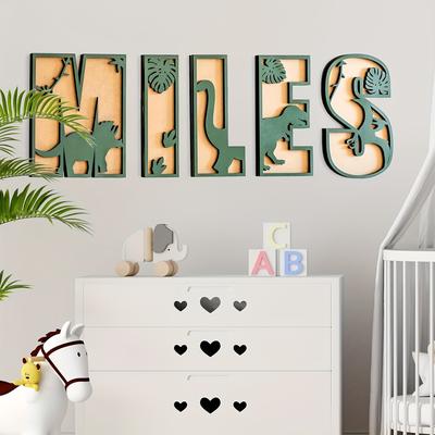 "TEMU Boho Style 3d Wooden Name Sign - "evan" With Dinosaur , Personalized Custom Name Decor For Boys' Room, Room Decoration | Dinosaur Theme Decor | Wooden Wall Art, Dinosaur Room Decor" Image