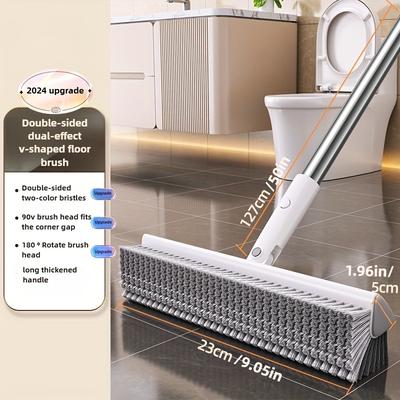 TEMU 1pc Long Handle Bathroom Cleaning Brush, 180° Rotatable Dual-sided Bristles, Stainless Steel Rod, Suitable For Bathrooms, Kitchens, Patios, Tiles And Pool Corners, No Power Required, Day Gift! Image