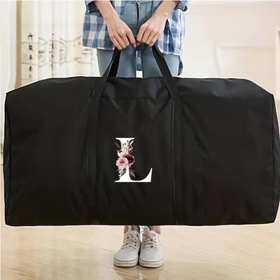 "TEMU Lightweight Design | Large Black Nylon Travel Bag With Floral Letter "a" Print - Lightweight, Portable, Functional Luggage For Outdoor Activities, School, And Travel, Luggage For Travel" Image