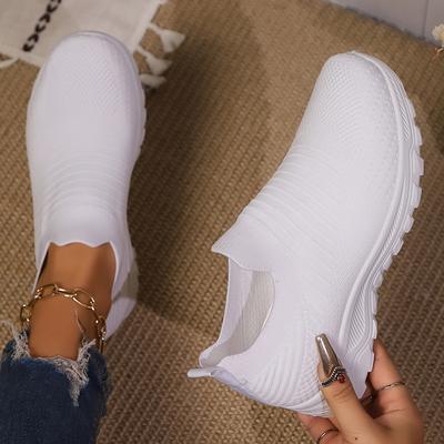 TEMU Women's White Slip-on Sneakers - Breathable Knit Fabric, Eva Sole, Low-top Casual Sneakers For All , Sneakers|breathable Design|knit Fabric Shoes Image
