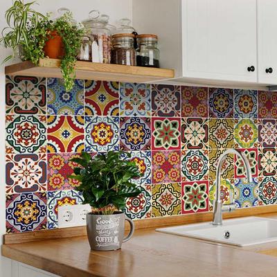 "TEMU 24pcs Bohemian Flower Tile Decal, 4x4 "self-adhesive Vinyl Decal For Kitchen Backsplash, Bathroom And Stair Walls - Easy To Apply And Remove" Image