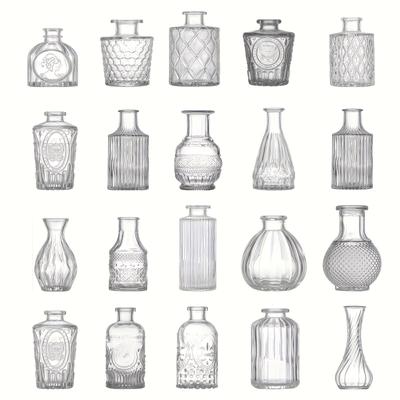 TEMU 10/20/25/30pcs Vintage Embossed Clear Glass Vase Set, Pedestal Shape, No Electricity Or Battery Needed, Ideal For Wedding, Home, Dining Table, Party Decorations Image