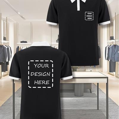"TEMU Men's Customizable Short Sleeve Shirt - Navy Blue, Casual Summer Style With "your Design Here" Print, Half-button , Breathable Polyester Fabric, Personalized Gift" Image