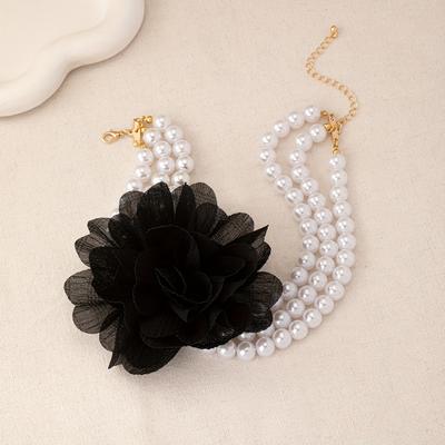 TEMU Elegant Vintage Triple-layer Pearl Choker With Fabric Flower Accent - Fashion Accessory For Women, No - Suitable For Daily And Gift Image