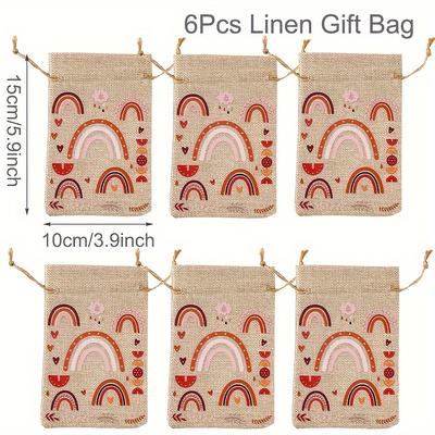 TEMU 6pcs Rainbow Party Linen Gift Bag, Rainbow Party Decoration Candy Bag, Wedding Party Drawstring Gifts Bag, Suitable For Birthday Party Supplies Packing Bags Image
