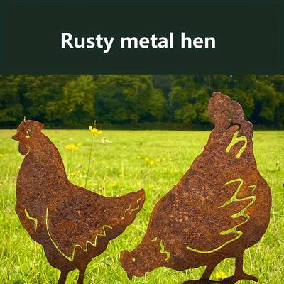 TEMU Rustic Metal Hen Garden Stake - Artistic Farm Animal Egg Sculpture, Durable Outdoor Yard Decor For Thanksgiving, Garden Decoration|rustic Metalwork|durable Metal Image