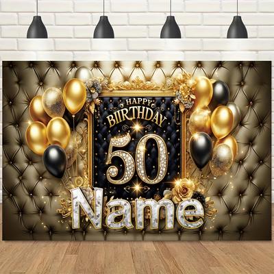 TEMU Personalized 50th Birthday Party Backdrop - Luxe Golden & With Custom Name, Elegant Wall Decor For Home Celebrations, No Power Needed, Polyester Material, Birthday Party Decorations Image