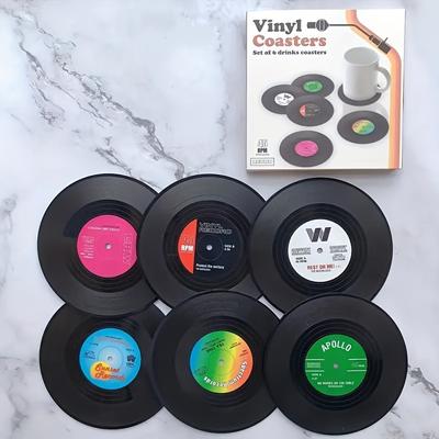 TEMU 6pcs Wongirl Retro Rock Vinyl Record Coasters - Colorful Silicone Non-slip Heat Insulation Pads, Multi-use Table Mats & Room Decor Featuring Iconic Music Artists And Labels Image