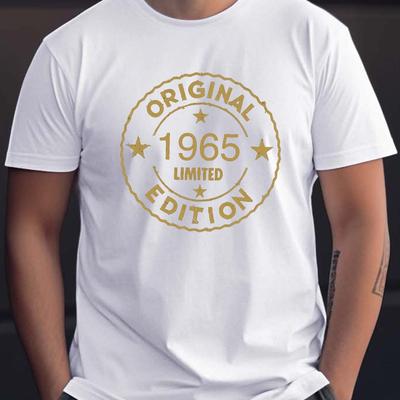 TEMU Men's Casual Crew Neck T-shirt, 1965 Geometric Pattern, 100% Polyester Knit Fabric, Stretch, Regular Fit, Summer Top, 150gsm - Black Image
