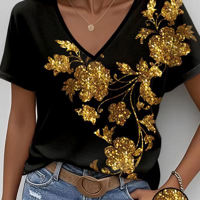 TEMU Women's Floral Print V-neck T-shirt - Stylish Black With Design, 95% Polyester & 5% Elastane Blend, Lightweight & Stretchy For Spring/summer Casual Wear, Ladies T Shirts Image