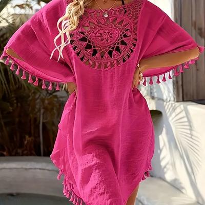 TEMU Women's Vibrant Pink Crochet Cover-up Dress With Tassel Details - Vacations, Beach Coverup Dress | Vibrant Coverup | Polyester Fabric Image