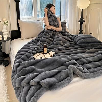 TEMU Luxurious Soft Striped Multifunctional Blanket, Rabbit Fur Blanket, Provides , Suitable For Sofa, Bed, Office And Travel, Fashionable Blanket, Used In Image
