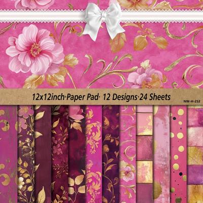 TEMU 12/24/36/48 Sheets 12x12 Inch Paper Pad - Gilded Purple Floral Craft Paper With Golden Accents, Premium Cardstock For Diy Card Making, Scrapbooking, Journaling & Gift Decor Image