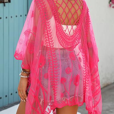 TEMU An Elegant Cut-out Back Rose Red Batwing Sleeve Cover-up, Bohemian Style Embroidered Mesh Swimwear With Lace Trim, Essential Beach Pool Party Casual Sexy Bikini Shawl For Travel Vacation Image