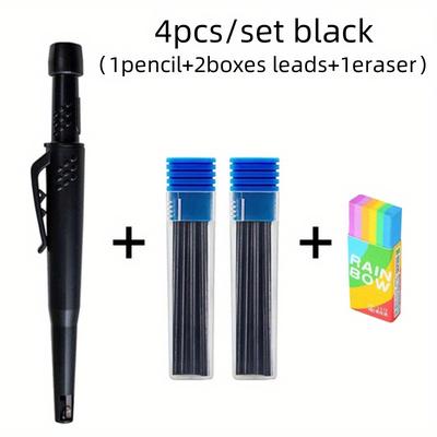 TEMU 4pcs/set Solid Carpenter Mechanical Pencils Set, Built In Sharpener, 2.8mm Deep Hole Woodworking Marking Pen Long Head Carpenter Engineers Stationery(1pencil+2boxes Leads+1eraser) Image