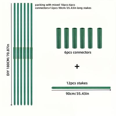 TEMU 18pcs Mixed Diy Green Garden Plant Stakes And Connectors Set, Durable Plastic Coated Metal Support Poles For Tomato, Eggplant, Cucumber And Grape Plants, Splice Into 180cm/70.87inch Image