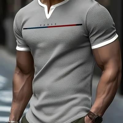 "TEMU Men's Casual V-neck T-shirt With "paris" Print - Short Sleeve, Knitted Fabric, Light Gray With Contrast Collar, Outdoor Activities And Casual Attire, Casual Wear | Graphic Tee | Knitted Texture" Image
