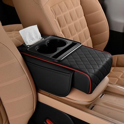 TEMU 1pc Universal Fit Pu Leather Car Armrest Cushion With Cup Holder, Multi-functional Storage Armrest Pad With Tissue Box Slot Image