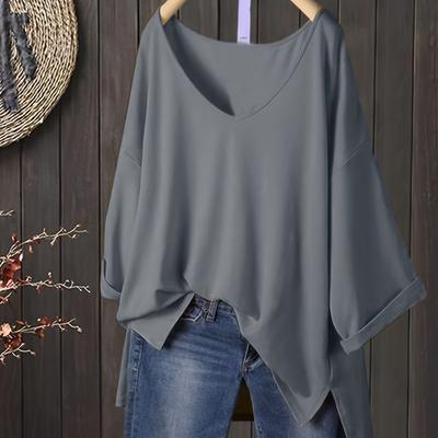TEMU Women's Plus Size - Elegant V-neck With Split Detail, Short Sleeve, Casual Summer Top, Casual Attire|split Detail Shirt|sleek Black Tee Image
