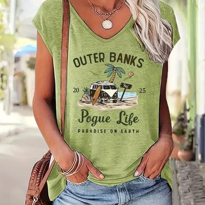 "TEMU [relaxed Fit] Plus Size Women's "outer Banks" Graphic Tank Top, Sleeveless Casual Summer Top In With Beach , Loose-fit Polyester Blouse For Warm Weather, Machine Washable, Summer Tank Tops" Image