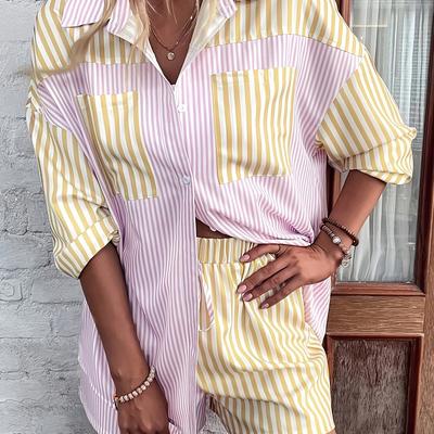 TEMU Women's Casual Striped Two-piece Outfit - Pink & Yellow Short Sleeve Blouse With Pocket, Loose Fit, Polyester, Spring/summer, Casual Attire|striped Pattern|polyester Fabric Image