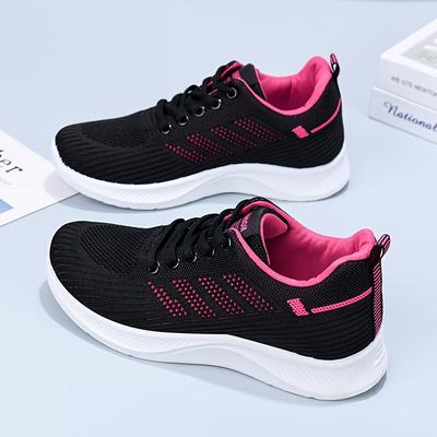 TEMU Women's Breathable Knit Casual Sneakers - Lightweight Fabric Upper, Sport-inspired Pvc Sole For , Lace-, Black With Accents, Ladies Sneakers Image