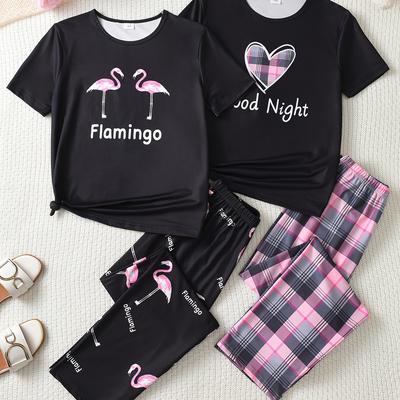 TEMU Chic 4pcs Girls' Pajama Set With Heart, Flamingo & Bow Print - Comfy Short Sleeve Tee & Long Pants Loungewear For Teens Image