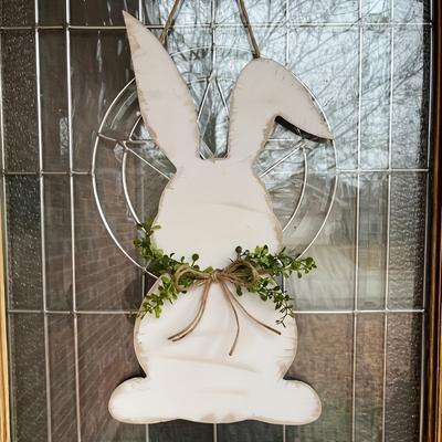 TEMU Vintage Easter Bunny Wooden Door Hanger - White Rabbit With Greenery Wreath, Retro Van Gogh Style, Easy-to-hang, No Power Needed, Festive Home Decor, Rabbit Accessories Image