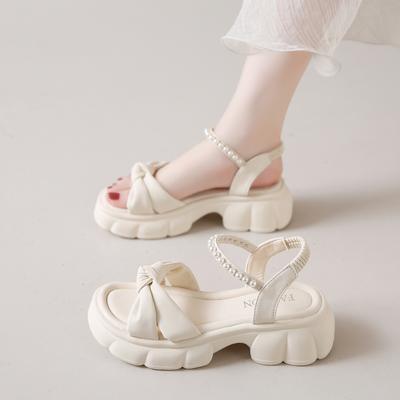 TEMU Women's Summer Platform Sandals - Casual Open-toe, Stylish , Comfortable Elastic Sandals With Beaded Ankle Strap, Beige, Casual Footwear | Elegant Sandal | Platform Sandal Image