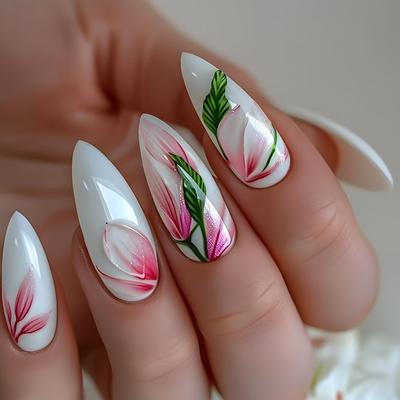 TEMU Box Of 24pcs Luxurious Sweet And Cool High-end Design Pink Green Leaf Color- Almond-shaped Short False Nails, Suitable For S And Women. Includes 1 Bottle Of Jelly Glue And 1 Nail File As A Gift Image