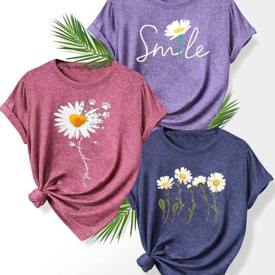 TEMU 3pcs Set Sister Pack Plant Flower Series Print Vintage Style Women's Summer Casual Sporty Round Neck Short Sleeve T-shirt In Multiple Colors S-xxl Ladies' Leisure Sports Tee Image
