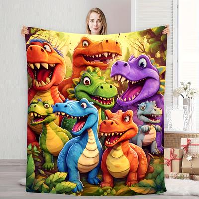 TEMU A Cozy Cartoon Cute Little Dinosaur Printed Flannel Blanket - Suitable For All , Digital Printed Sofa Cover For Office And Bedroom - Soft, Warm, Travel-friendly Decorative Blanket Image