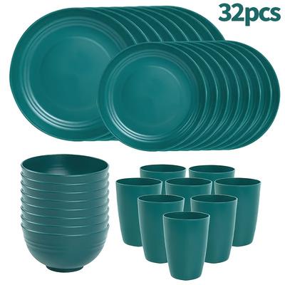 TEMU 32pcs Dark Green Plastic Dinnerware Set - Includes Bowls, Plates & Cups For Home, Kitchen, Restaurant Use - Outdoor, Travel, School, Picnic, Camping & Gifts Image