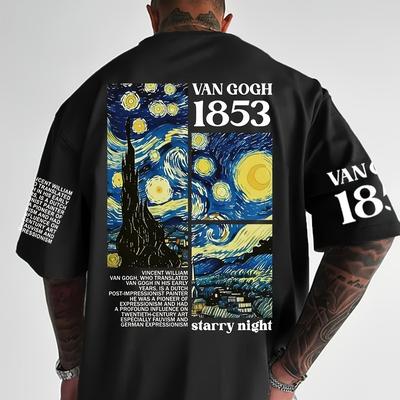 TEMU Men's Van Gogh Starry Night T-shirt - Casual Crew Neck, Short Sleeve, Summer Polyester Tee With Vibrant Print, Regular Fit Image