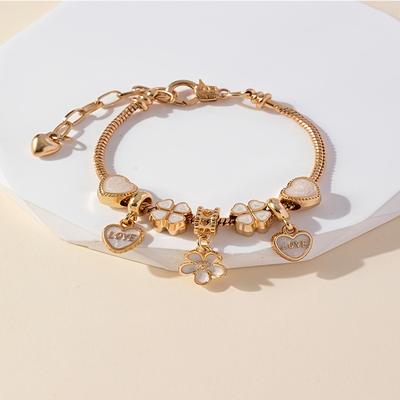 TEMU Adjustable Golden-tone Charm Bracelet , Flower, And Love Pendants - Elegant Alloy Hand Jewelry For , Bracelet Charms Image