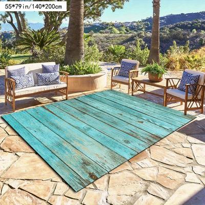 TEMU 1pc Modern Wooden Plank Pattern Rug, Polyester Fiber, Machine Washable, For Outdoor Use, Patio, Garden, Camping, Balcony Image