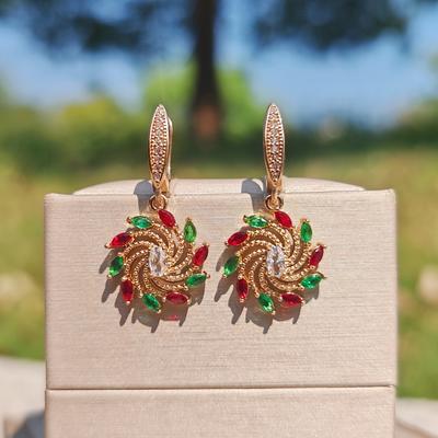 TEMU Elegant Dangle Earrings With Sparkling Cubic Zirconia Flower Pendant - Luxurious Copper Jewelry For Women, & Christmas Parties Image