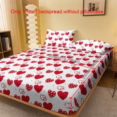 TEMU 1pc Romantic Red Heart Print Brushed Fitted Sheet – Soft, Breathable, With Deep Pockets, For Bedroom Or (pillowcase Not Included) Image